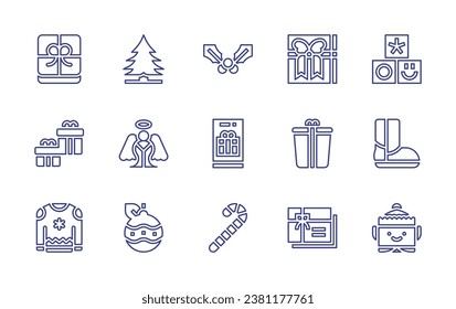 Christmas line icon set. Editable stroke. Vector illustration. Containing mistletoe, pine, mobile phone, angel, candy cane, christmas ball, toys, boot, elf, gift, christmas present, present.