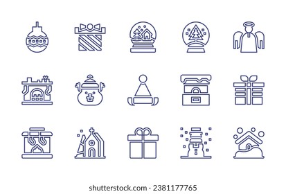 Christmas line icon set. Editable stroke. Vector illustration. Containing bauble, fireplace, snow globe, ticket office, snowman, elf, present, squirrel, church, angel, gift box, snowing.
