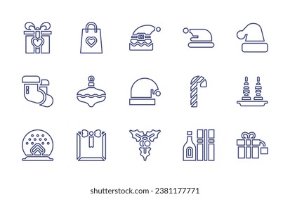 Christmas line icon set. Editable stroke. Vector illustration. Containing gift bag, bauble, christmas present, elf hat, santa hat, hat, canapes, mistletoe, present, gift, candy cane, socks, snowglobe.