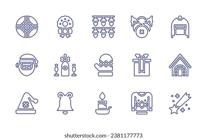 Christmas line icon set. Editable stroke. Vector illustration. Containing lights, mistletoe, mittens, present, candle, christmas present, boxing day, santa claus, santa hat, wreath, champagne.
