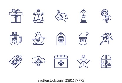 Christmas line icon set. Editable stroke. Vector illustration. Containing shooting star, tag, calendar, label, santa claus, star, gift, hot chocolate, snowman, sleigh, snow, candy cane, firework, wind
