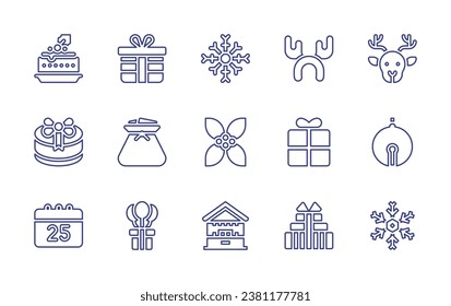 conjunto de iconos de la línea de Navidad. Trazo editable. Ilustración vectorial. Con postre de navidad, caja de regalo, día de navidad, agujeros, regalo, nieve, mistletoe, mercado, campana de trineo, copo de nieve, bolso de regalo.