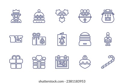 conjunto de iconos de la línea de Navidad. Trazo editable. Ilustración vectorial. Con sombrero de invierno, letras, melchor, navidad presente, soldado, pan, regalo, bastón de caramelo, mistletoe, postal, calendario, timbre de jingle.