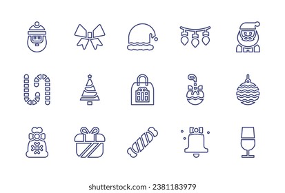 Christmas line icon set. Editable stroke. Vector illustration. Containing bow, santa claus, christmas tree, bauble, candy cane, gift, champagne, present, santa hat, bag, candy, lights, christmas bell.