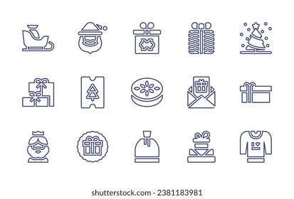 conjunto de iconos de la línea de Navidad. Trazo editable. Ilustración vectorial. Con árbol de navidad, regalo, galletas de jengibre, suéter, bolso, trineo, día de boxeo, regalo, carta, melchor, santa claus, boleto.