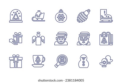 Christmas line icon set. Editable stroke. Vector illustration. Containing bauble, elf, happy, gift, snowman, snow, boxing day, gift box, sledge, angel, cup, ice skate, shopping bag, mittens.