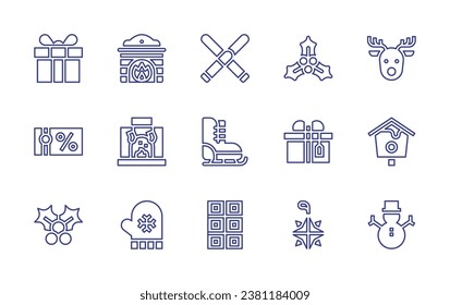 Christmas line icon set. Editable stroke. Vector illustration. Containing fireplace, mitten, ski, ice skate, chocolate bar, reindeer, bird house, snowman, mistletoe, gift, decorative, present, gift.