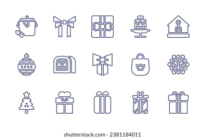 Christmas line icon set. Editable stroke. Vector illustration. Containing cake, stew, gift bag, christmas ball, gift, christmas tree, ribbon, giftbox, marzipan, bow, gingerbread house, poinsettia.