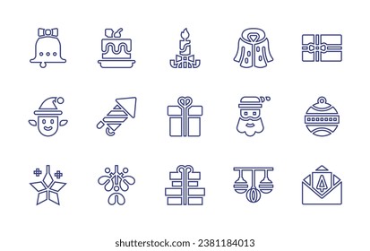 Christmas line icon set. Editable stroke. Vector illustration. Containing christmas bell, elf, star, christmas candle, gift, present, cake, fireworks, bauble, mistletoe, christmas card, fur coat.