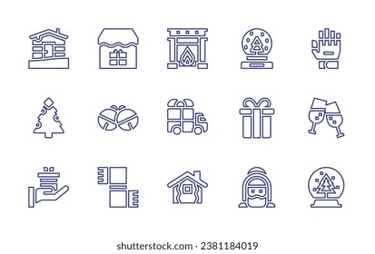 Christmas line icon set. Editable stroke. Vector illustration. Containing cabin, christmas tree, gift, snow globe, present, saint joseph, champagne, fireplace, truck, gingerbread house, gift shop.