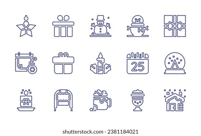 Christmas line icon set. Editable stroke. Vector illustration. Containing snowman, candle, christmas day, cocoa, myrrh, star, christmas, gift, present box, winter hat, snowball, house.
