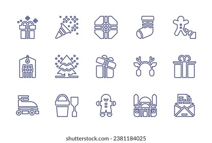 Christmas line icon set. Editable stroke. Vector illustration. Containing christmas stocking, confetti, earmuffs, pine, mosque, sand bucket, boxing day, gift box, gingerbread, cookie, gift, present.