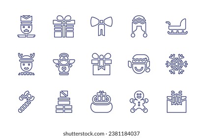 conjunto de iconos de la línea de Navidad. Trazo editable. Ilustración vectorial. Con arco, regalo, bolso de regalo, ángel, alerones, elfo, hombre de jengibre, trineo, petardo, copo de nieve, niño, bastón de caramelo.