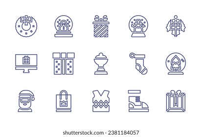 Christmas line icon set. Editable stroke. Vector illustration. Containing present, myrrh, sweater, christmas wreath, mistletoe, computer, snow globe, santa claus, snow ball, christmas sock, boot.