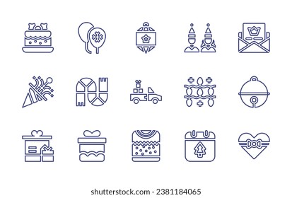 Christmas line icon set. Editable stroke. Vector illustration. Containing bauble, car, sweater, cake, confetti, gift box, christmas party, lights, christmas day, jingle bell, letter, gift, balloons.