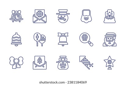 Christmas line icon set. Editable stroke. Vector illustration. Containing christmas bell, ribbon, snowman, bell, gift bag, invitation, balloons, santa claus, christmas card, star, beard, fireworks.