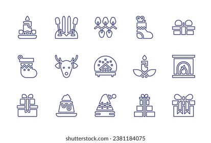 Christmas line icon set. Editable stroke. Vector illustration. Containing christmas lights, snowball, christmas hat, christmas sock, decorative, gifts, candle, gift box, ski, deer, pudding, gift, fire