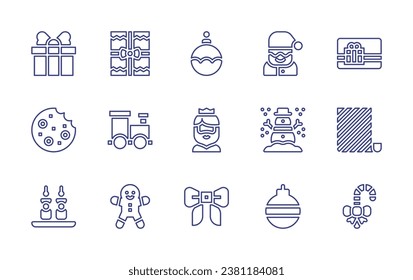 Christmas line icon set. Editable stroke. Vector illustration. Containing present, toy train, gingerbread man, christmas ball, gift card, gaspar, wrapping paper, ribbon, candy cane, santa claus.