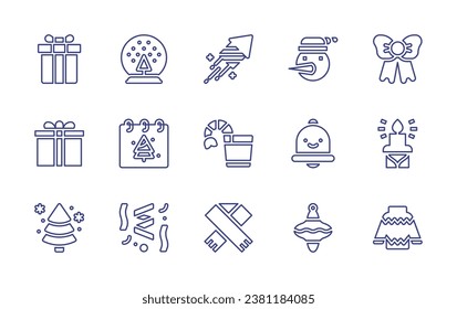 Christmas line icon set. Editable stroke. Vector illustration. Containing snow globe, calendar, confetti, fireworks, bow, shrimp, candle, scarf, pullover, snowman, christmas bell, christmas ornament.