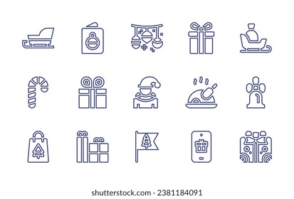 Christmas line icon set. Editable stroke. Vector illustration. Containing sleigh, baubles, christmas bell, elf, gift, flag, sled, candy cane, turkey leg, christmas present, boxing day, greeting card.