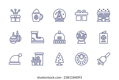 Christmas line icon set. Editable stroke. Vector illustration. Containing shop, snowball, card, beanie, christmas bell, tree, surprise, gift, ball, snow globe, christmas hat.