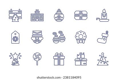 Christmas line icon set. Editable stroke. Vector illustration. Containing gift shop, candle, christmas day, nutcracker, sock, tag, candy, tree, star, bauble.