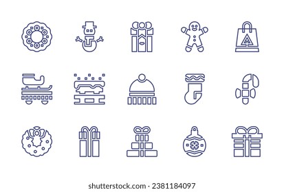 Christmas line icon set. Editable stroke. Vector illustration. Containing gingerbread man, snowman, socks, bench, christmas ball, gift, hat, christmas present, shopping bag, wreath, candy cane.