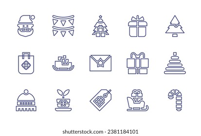 Christmas line icon set. Editable stroke. Vector illustration. Containing gift, garland, sledge, sled, christmas present, christmas tree, greeting card, label, pine tree, santa claus, pyramid.