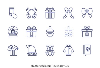 Christmas line icon set. Editable stroke. Vector illustration. Containing christmas sock, snow globe, gift, santa claus, teddy bear, earmuffs, bow, christmas present, cross, santa hat, holy bible.