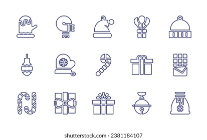 Christmas line icon set. Editable stroke. Vector illustration. Containing santa hat, candy cane, gift, glove, winter hat, bauble, chocolate bar, gift bag, boxing day, jingle bell, scarf, gloves.