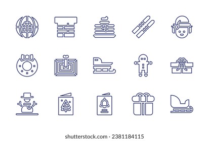 Christmas line icon set. Editable stroke. Vector illustration. Containing boxing day, elf, christmas wreath, gift, snowman, sleigh, chimney, frame, postcard, pancake, sledge, christmas card, ski.