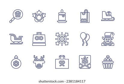 Christmas line icon set. Editable stroke. Vector illustration. Containing candle, fireworks, shopping, shopping bag, balloon, christmas card, search, sleigh, christmas ball, mistletoe, deer, elf.