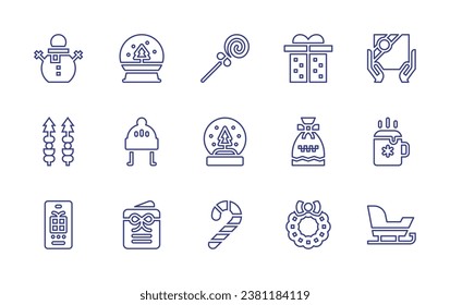 Christmas line icon set. Editable stroke. Vector illustration. Containing snowman, canapes, christmas present, lollipop, snowball, candy cane, gift, winter hat, cocoa, sack, christmas card, sled.
