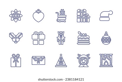 Christmas line icon set. Editable stroke. Vector illustration. Containing bauble, gift, cart, winter hat, nutcracker, christmas ball, party hat, fireplace, gifts, cake, boy, poinsettia, mistletoe.