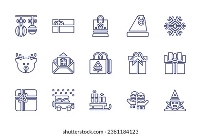 Christmas line icon set. Editable stroke. Vector illustration. Containing christmas, christmas present, sleigh, christmas hat, gift, gloves, baubles, deer, gift box, gift card, transport, snowflake.