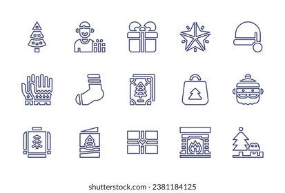 Christmas line icon set. Editable stroke. Vector illustration. Containing gift, man, greeting card, sock, present, card, santa claus, christmas tree, star, gloves, christmas bag, sweater, fireplace.