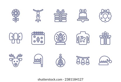 Christmas line icon set. Editable stroke. Vector illustration. Containing decoration, christmas day, santa hat, gift, wreath, snow globe, ball, bell, christmas sweater, lights.