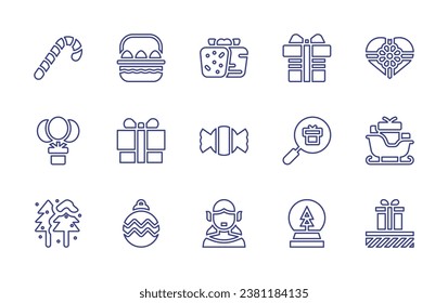 Christmas line icon set. Editable stroke. Vector illustration. Containing christmas present, gift, bauble, cake, candy, sleigh, elf, boxes, search, snow ball, cane, balloons, trees.
