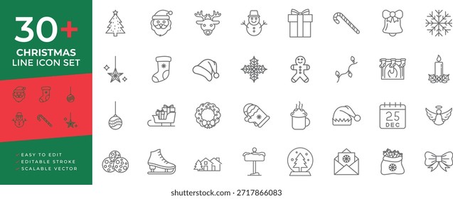 Linha de Natal ícone conjunto de ícones editáveis para o Natal, feriados de inverno, e celebrações de Ano Novo, com Santa, renas, presentes, cana de doces, floco de neve, e vários desenhos decorativos festivos.