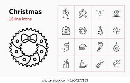 Christmas line icon set. Fir tree, bauble, candle, candy cane. Celebration concept. Can be used for topics like party, holiday, Christmas eve