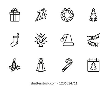 Christmas line icon set. Gift, angel, fir tree, candle. Celebration concept. Can be used for topics like holiday, vacation, decoration