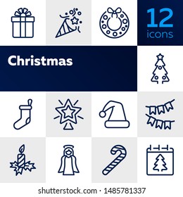Christmas line icon set. Gift, angel, fir tree, candle. Celebration concept. Can be used for topics like holiday, vacation, decoration