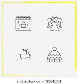 Christmas line icon set hat, angel and deer