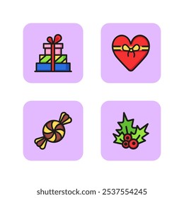 Christmas line icon set. Heap of gift boxes, heart-shaped box of chocolates, mint candle, mistletoe. Holiday concept. Vector illustration can be used for party, celebration, season