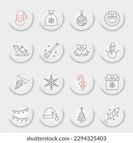 Christmas line icon set, holiday symbols collection, vector sketches, neumorphic UI UX buttons, new year signs linear pictograms package isolated on white background, eps 10.