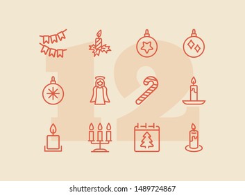 Christmas line icon set. Set of line icons on white background. Festive concept. Angel, candle, calendar. Vector illustration can be used for topics like Christmas, new year, decoration