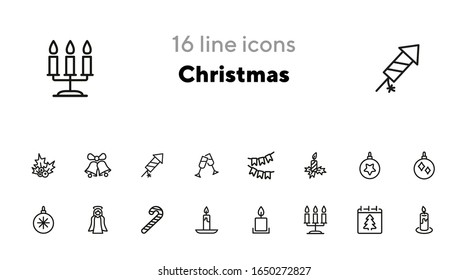 Christmas line icon set. Set of line icons on white background. Festive concept. Angel, candle, calendar. Vector illustration can be used for topics like Christmas, new year, decoration