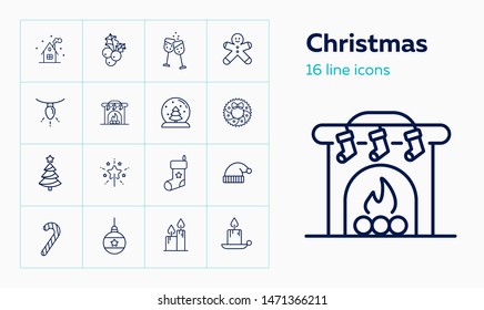 Christmas line icon set. Mistletoe, gingerbread, stocking, candle. Celebration concept. Can be used for topics like Xmas eve, home party, ornament