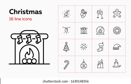 Christmas line icon set. Mistletoe, gingerbread, stocking, candle. Celebration concept. Can be used for topics like Xmas eve, home party, ornament