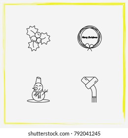 Christmas line icon set mistletoe, wreath and scarf